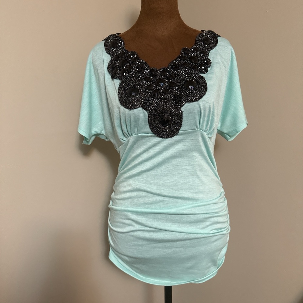 Y2K Elegant Mint Top with Black Embellishments